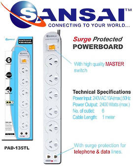 SANSAI 6 Way Surge Protected Power Board with Phone Line Protection